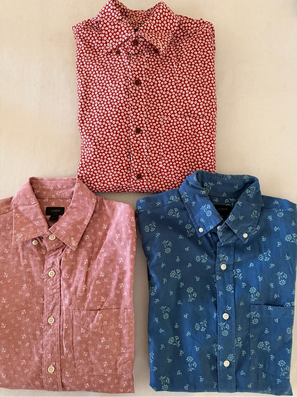 J. Crew Men's Button-Down Shirts Trio - Red, Pink & Blue Prints